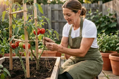 Femme jardinière attachant des plants de tomates à des tuteurs en bois dans un potager en pleine terre