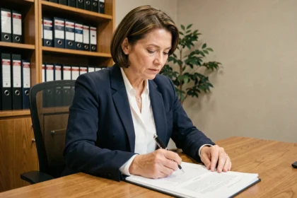 Femme lisant attentivement un compromis de vente dans un bureau de notaire avant de signer