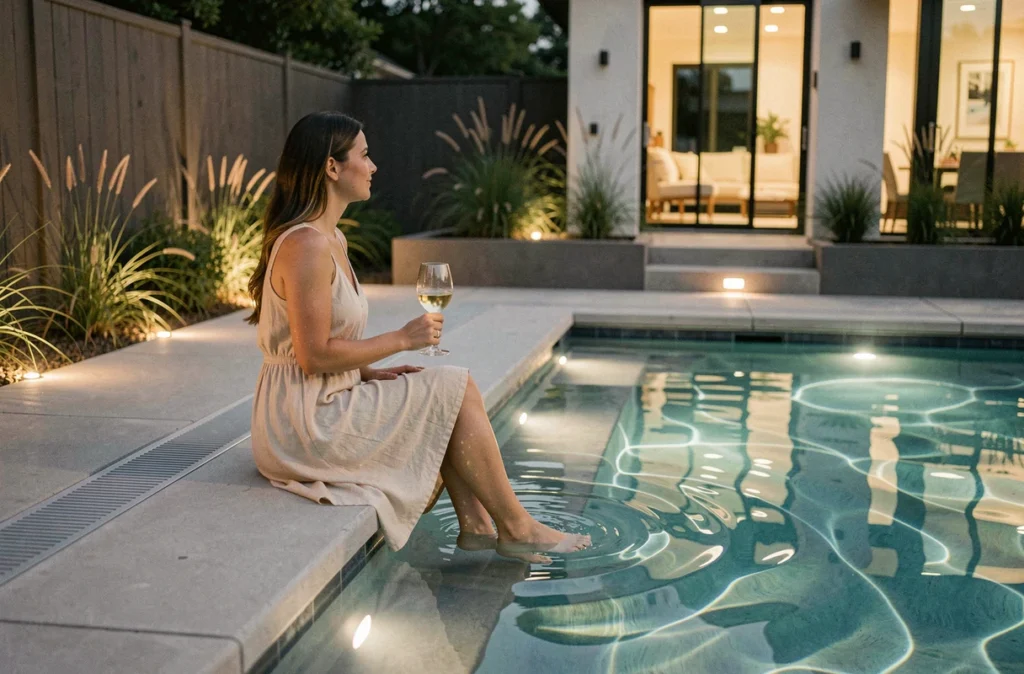 Femme assise au bord d'une piscine illuminée le soir avec éclairage subaquatique LED