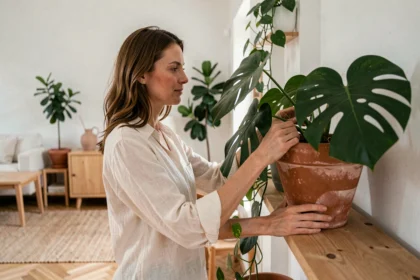 Femme qui arrange une plante monstera dans un salon décoré de plantes d'intérieur au style scandinave