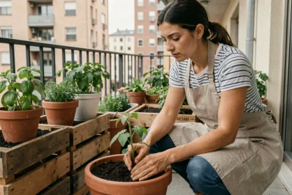 Femme entretenant des plants de tomates dans des pots en terre cuite sur un petit balcon urbain