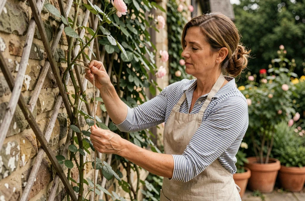 Femme installant un treillage avec des rosiers grimpants sur un mur de pierre dans un jardin estival