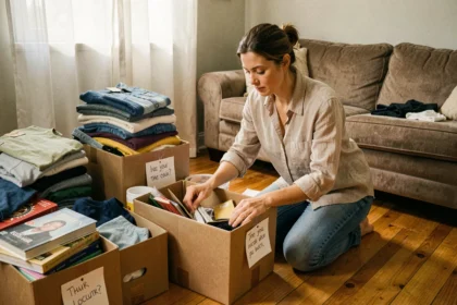 Femme triant ses affaires et rangeant des objets dans des cartons étiquetés avant un déménagement