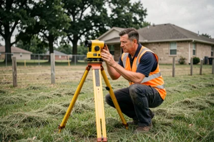 Géomètre expert installant un théodolite sur un terrain constructible à diviser en zone résidentielle