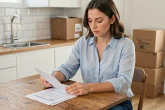 Femme organisant ses contrats d'eau et d'électricité lors d'un déménagement dans un appartement moderne