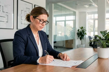 Gestionnaire de copropriété examinant des documents administratifs dans une agence immobilière moderne
