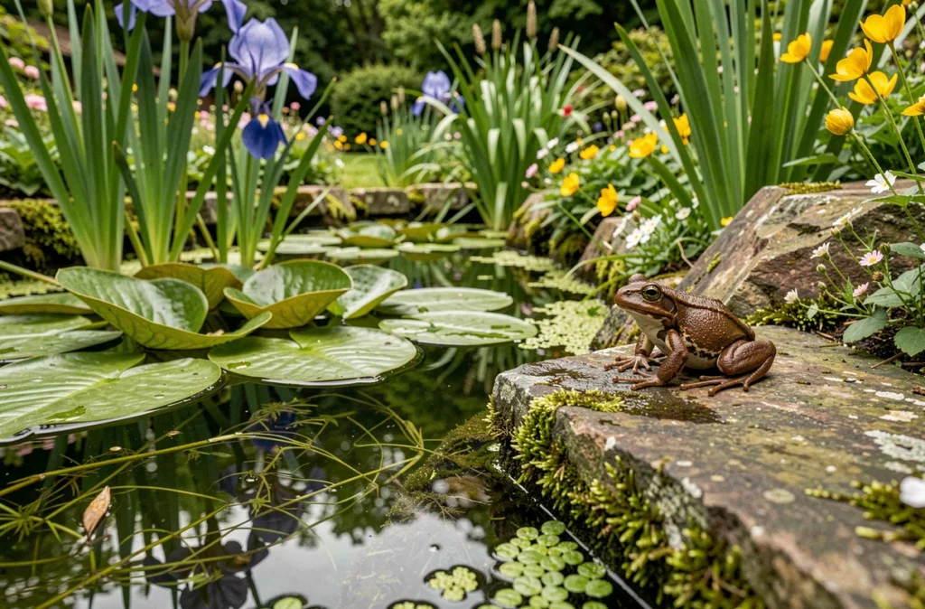 Grenouille installée sur une pierre au bord d'une mare naturelle entourée de plantes aquatiques indigènes