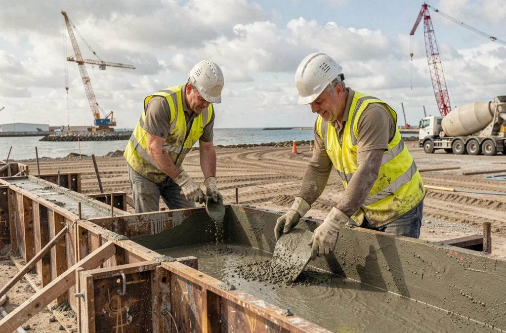 Ouvriers réalisant un gros œuvre en béton armé sur un chantier neuf dans le bassin nazairien
