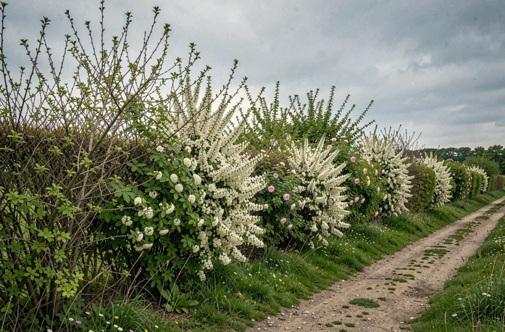 Haie champêtre établie avec aubépine, sureau et rosier sauvage le long d'une bordure de propriété rurale au printemps