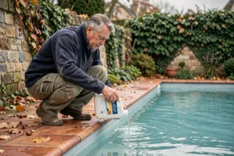 Homme ajoutant des produits hivernants dans une piscine extérieure en automne avec des feuilles mortes sur les margelles