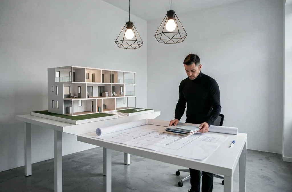 Bureau moderne du studio de design HIZAA avec maquette architecturale et matériaux de conception