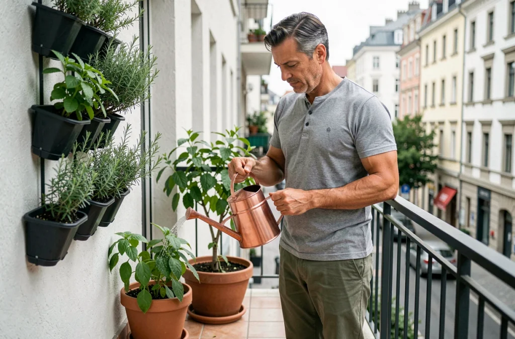 Homme arrosant des herbes aromatiques dans un potager vertical sur un petit balcon en ville