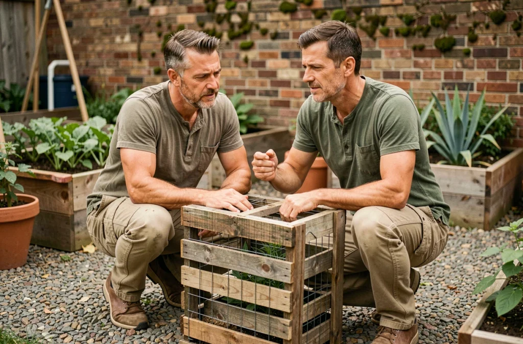 Homme construisant un composteur DIY en caisses en bois et grillage dans un jardin urbain