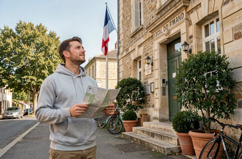 Jeune homme tenant une carte devant la mairie d'une petite commune lors de son installation dans une nouvelle ville