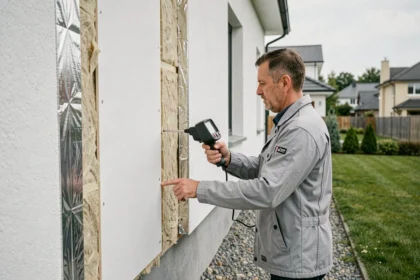 Inspecteur en bâtiment examinant l'isolation thermique extérieure d'une maison avec une caméra thermique