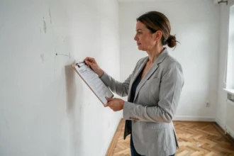 Femme inspectant l'état d'un mur dans un appartement vide lors de l'état des lieux de sortie avec une checklist