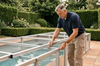 Homme installant les rails d'un abri de piscine en aluminium au bord d'une piscine rectangulaire dans un jardin bien entretenu