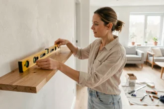 Femme installant une étagère murale en bois dans un salon scandinave avec un niveau à bulle