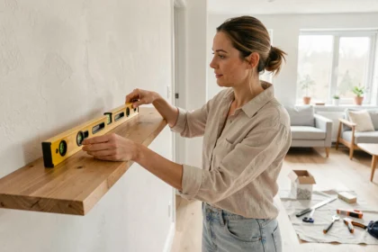 Femme installant une étagère murale en bois dans un salon scandinave avec un niveau à bulle