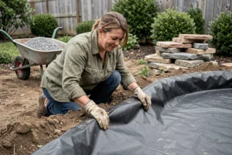 Femme installant une bâche de bassin naturel dans son jardin pour créer une mare de biodiversité