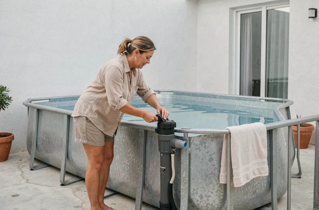 Femme installant un filtre sur une piscine hors-sol rectangulaire à armature métallique dans un patio compact de style méditerranéen