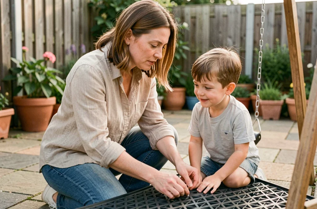 Mère installant un tapis de sécurité sous une balançoire pour protéger son enfant dans le jardin