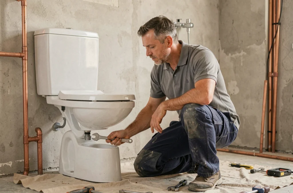 Plombier installant un WC lave-main combiné dans une salle de bain en travaux de rénovation