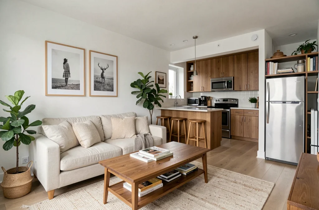 Intérieur d'un appartement meublé prêt à la location avec salon équipé, cuisine aménagée et décoration soignée