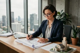 Femme professionnelle analysant des documents d'investissement locatif dans un bureau moderne avec vue sur la ville