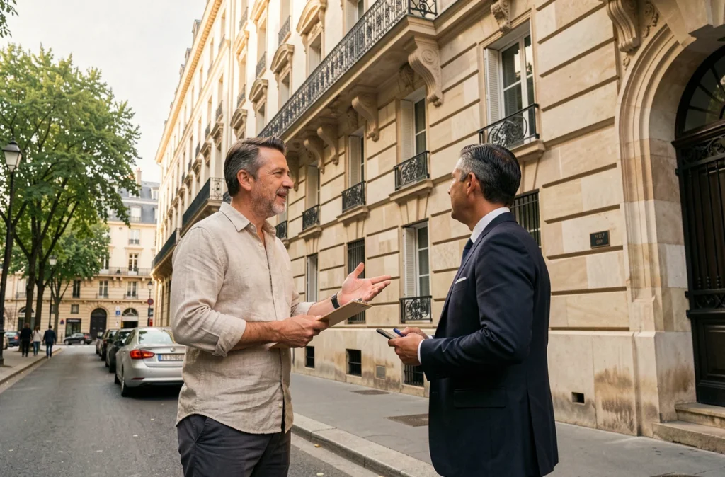 Investisseur immobilier et agent discutant devant un immeuble haussmannien rénové dans une rue parisienne