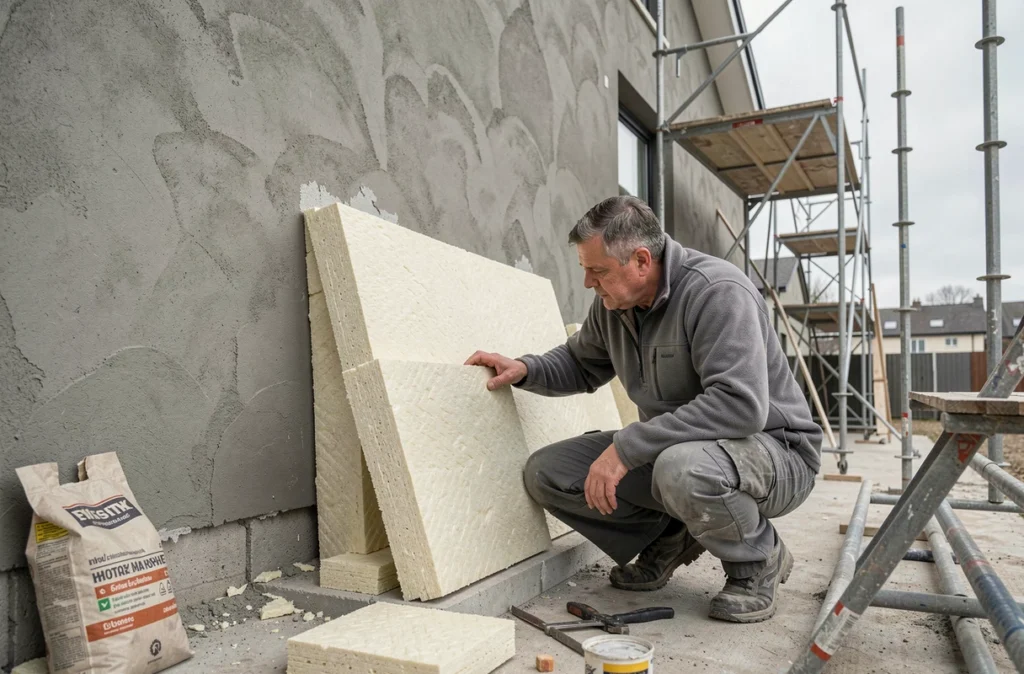 Ouvrier du bâtiment inspectant l'isolation thermique extérieure d'une maison en rénovation énergétique