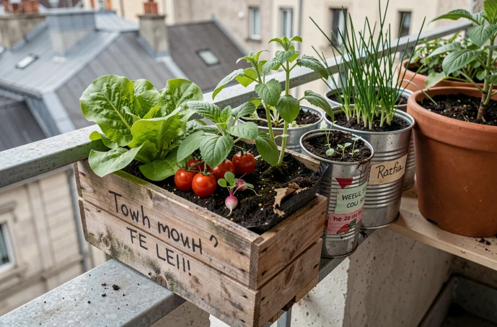 Jardinières et bacs à légumes variés sur un balcon de ville avec vue sur les toits urbains