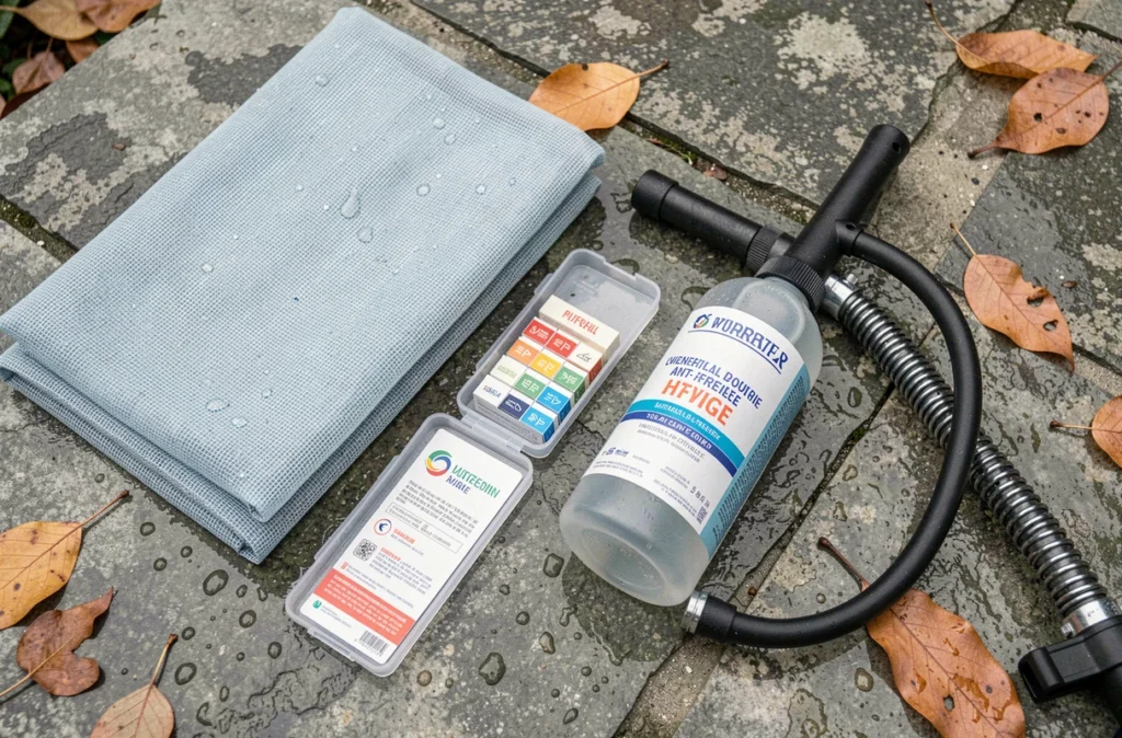 Kit complet d'hivernage piscine disposé sur les margelles en pierre avec produits chimiques et bâche de protection