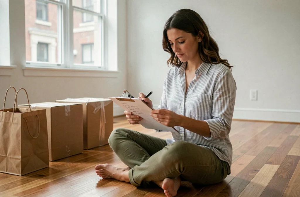 Femme vérifiant sa liste de déménagement dans un nouvel appartement vide un jour de semaine