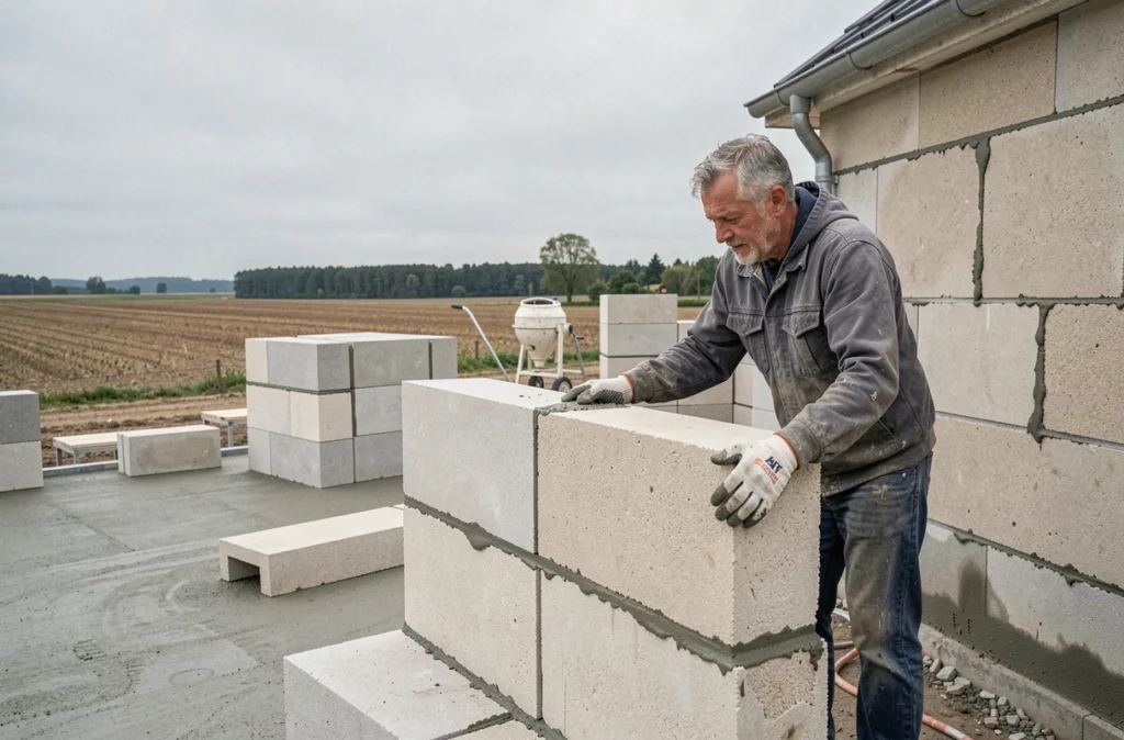 Maçon posant des blocs de maçonnerie isolante à coffrage intégré sur un chantier neuf dans le nord de la Loire-Atlantique