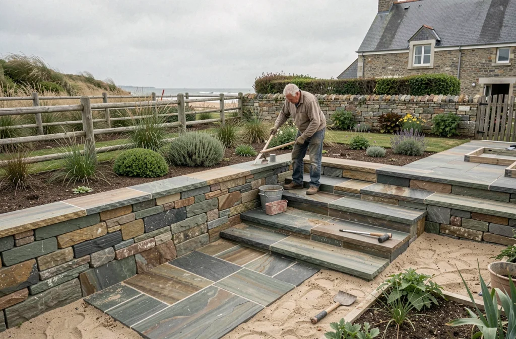 Artisan maçon réalisant un mur en pierre sèche et un dallage naturel dans un jardin de l'ouest du département Loire-Atlantique