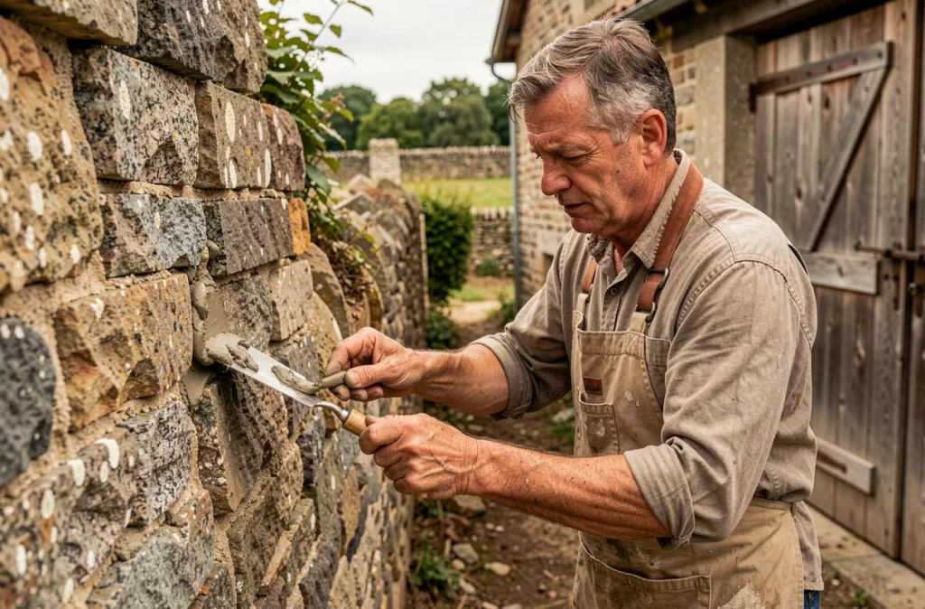 Maçon spécialisé en rénovation du bâti ancien réalisant un rejointoiement à la chaux sur une vieille bâtisse du sud de la Loire-Atlantique