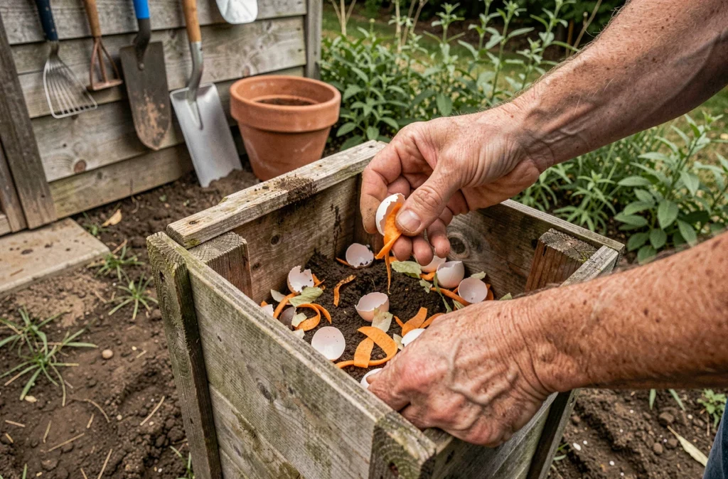 Mains déposant des épluchures de légumes dans un composteur artisanal en planches de bois récupérées