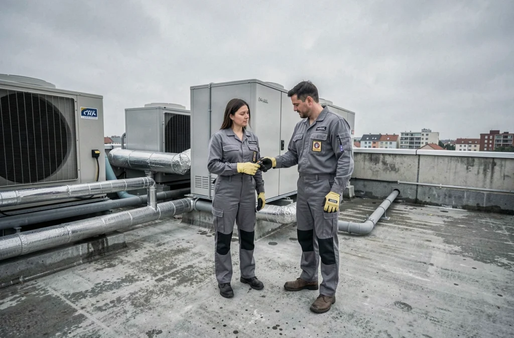Techniciens de maintenance inspectant les équipements techniques en toiture d'un immeuble résidentiel