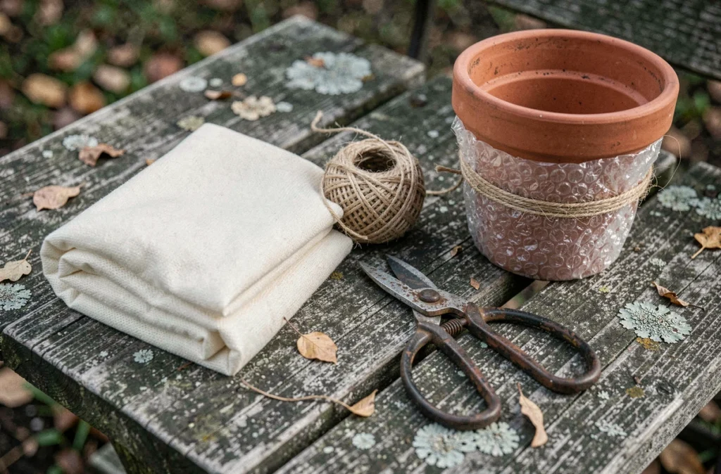 Matériaux de protection des plantes contre le gel disposés sur un banc de jardin en bois : voile d'hivernage, ficelle de jute et pot enveloppé