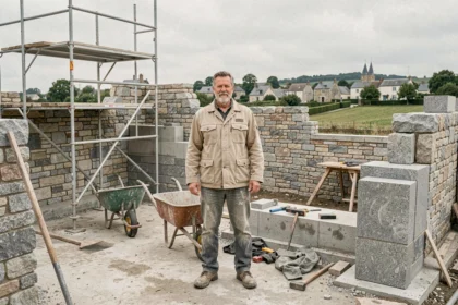 Maçon expérimenté sur un chantier de maçonnerie en Loire-Atlantique avec murs en pierre et béton en construction