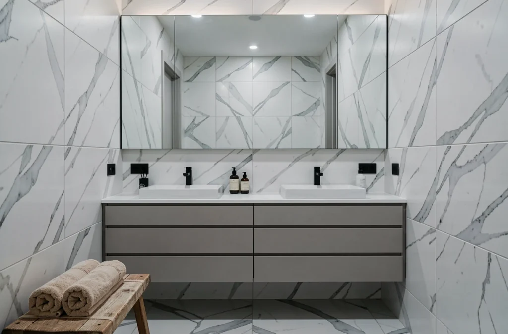 Miroir mural du sol au plafond dans une salle de bain moderne et compacte, doublant visuellement l'espace au-dessus d'une double vasque aux robinetteries noires