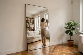 Grand miroir rectangulaire appuyé contre un mur blanc dans un salon parisien étroit, agrandissant visuellement l'espace en reflétant les étagères et la fenêtre opposée