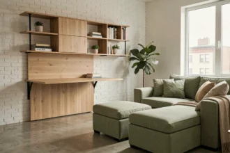 Appartement studio compact avec système d'étagères modulables et bureau rabattable intégré dans un décor scandinave minimaliste