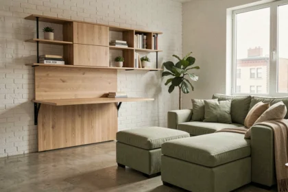 Appartement studio compact avec système d'étagères modulables et bureau rabattable intégré dans un décor scandinave minimaliste