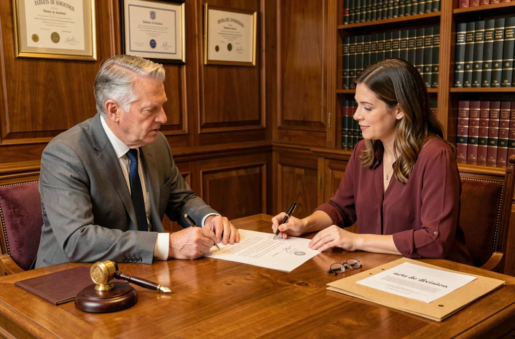 Notaire et propriétaire signant un acte de division de terrain constructible dans une étude notariale