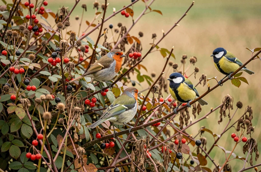 Oiseaux perchés dans une haie champêtre mélangée avec aubépine, prunellier et baies rouges en automne
