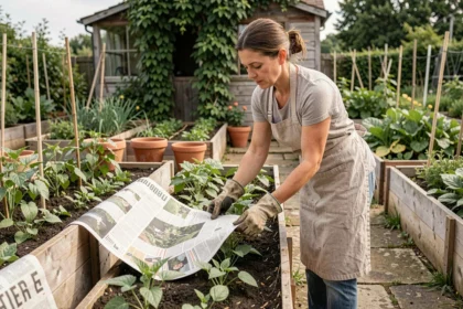 Femme posant du paillage biodégradable entre des rangées de légumes dans un potager écologique