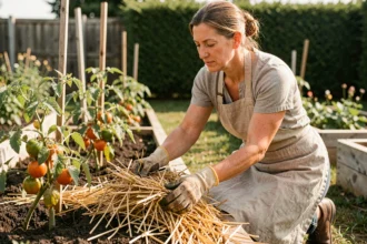 Jardinière appliquant du paillage de paille autour de plants de tomates dans un potager pour limiter l'évaporation de l'eau