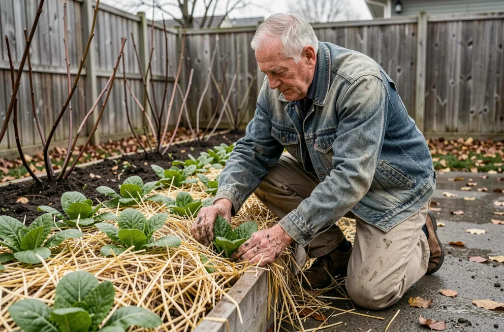 Jardinier protégeant des légumes avec du paillis de paille dans un potager surélevé contre le gel hivernal